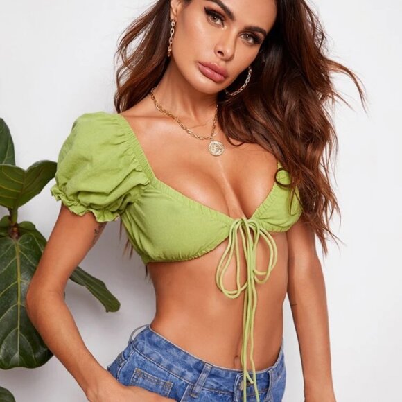 Green Tie Front Crop Milkmaid Fairy Top - Picture 5 of 5